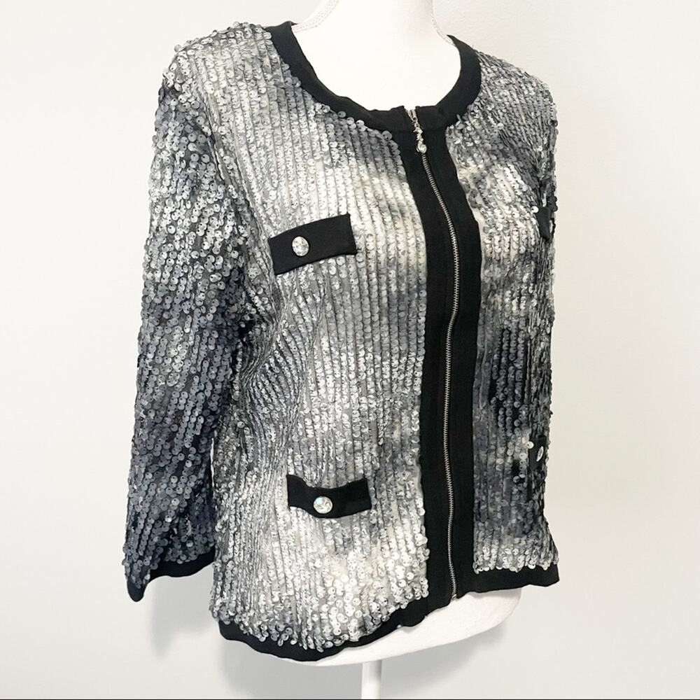 Michael Simon black silver sequin zip jacket crys… - image 4